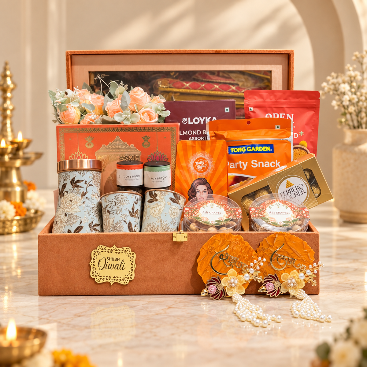Luxury Diwali hamper with copper glass set, cashew, almond, gourmet snacks, havan cups and festive decor