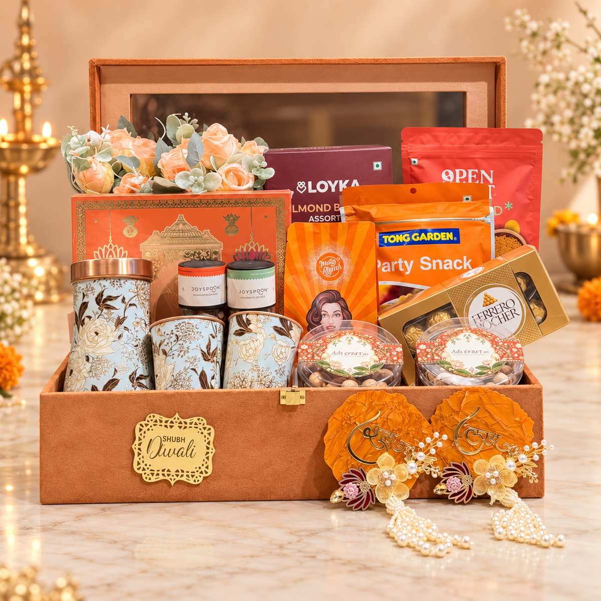 Luxury Diwali hamper with copper glass set, cashew, almond, gourmet snacks, havan cups and festive decor