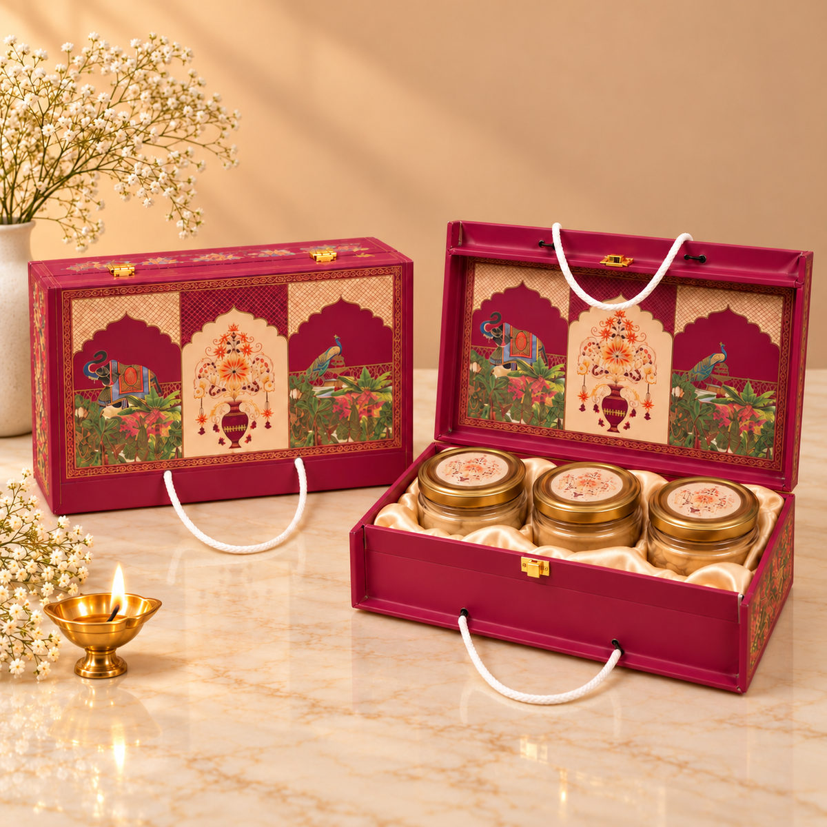Royal Magenta Heritage Arch 3-jar luxury festive hamper box for Diwali, weddings and corporate gifting in India