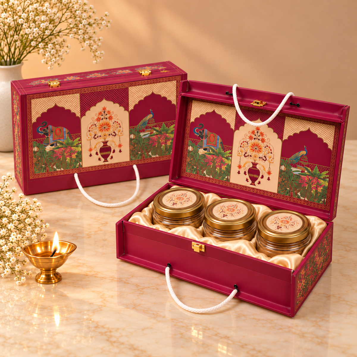 Royal Magenta Heritage Arch gift box with three empty jars for dry fruits, sweets, mukhwas or chocolates