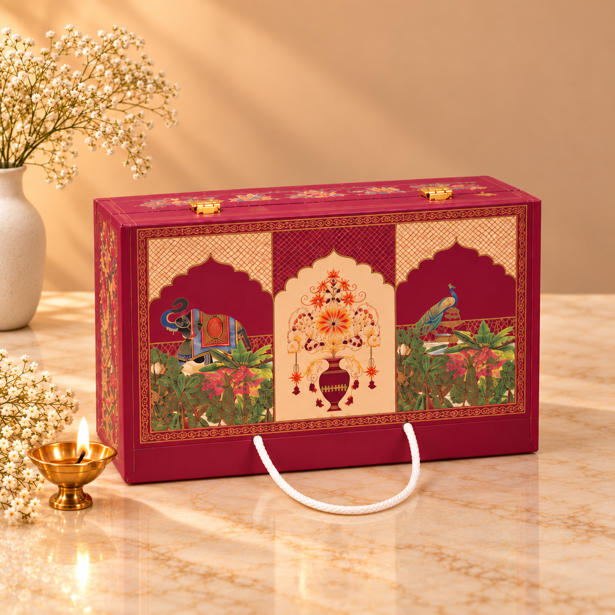 Closed Royal Magenta Heritage Arch luxury 3-jar hamper box for Diwali and wedding gifting