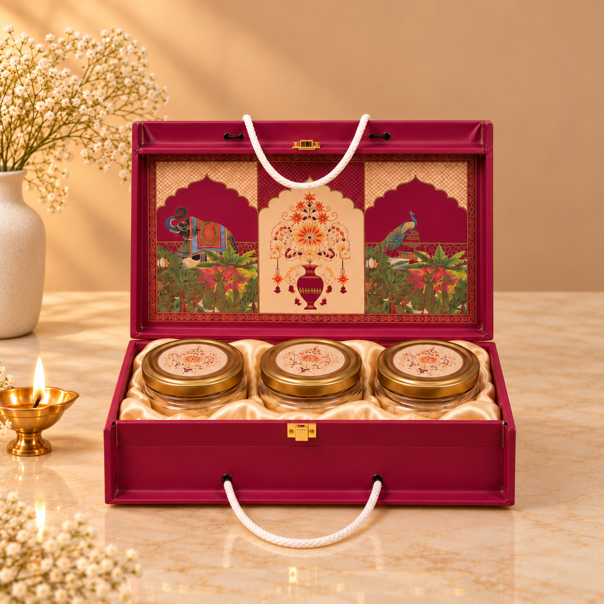 Open Royal Magenta Heritage Arch hamper box with three empty jars for customized festive gifting