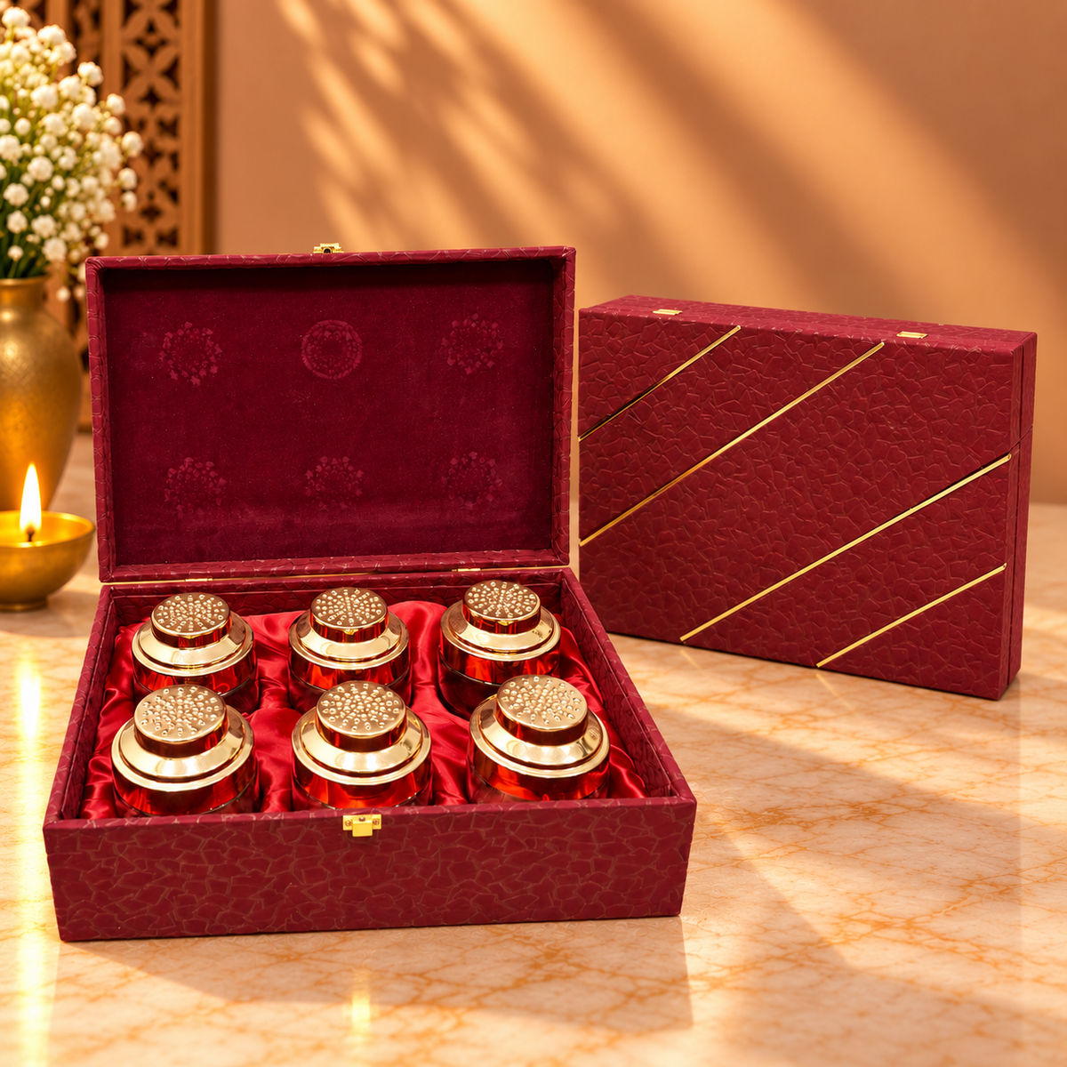Royal Maroon Textured 6-jar luxury dry fruit gift box measuring 13.5 x 9.5 x 4 inches