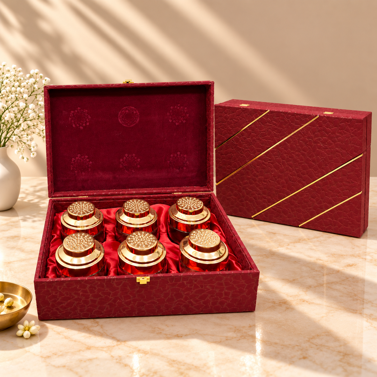 Open Royal Maroon Textured 6-jar gift box for dry fruits, sweets, chocolates and festive gifting