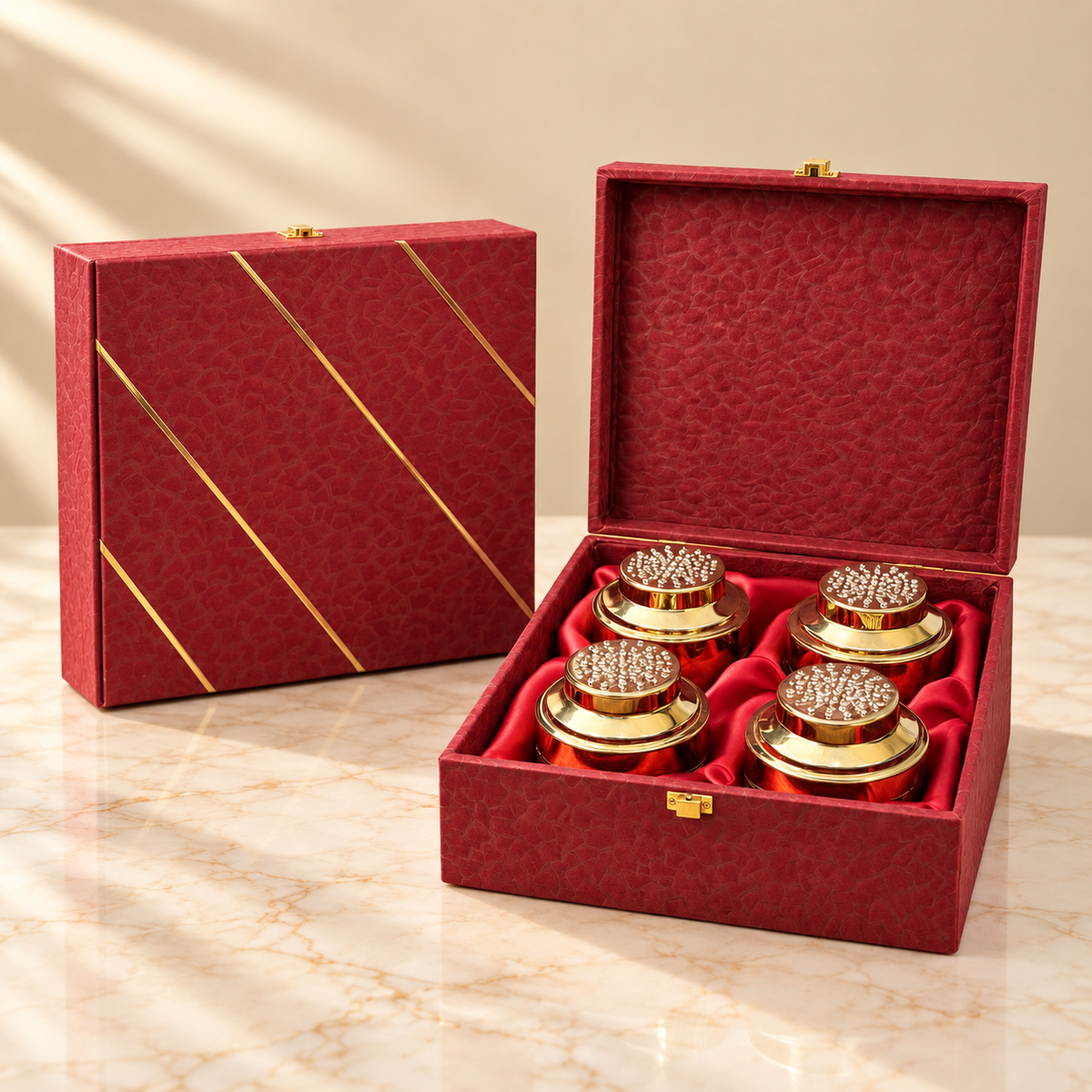Royal Maroon and Gold Stripe 4-jar luxury dry fruit gift box for Diwali, weddings and corporate gifting