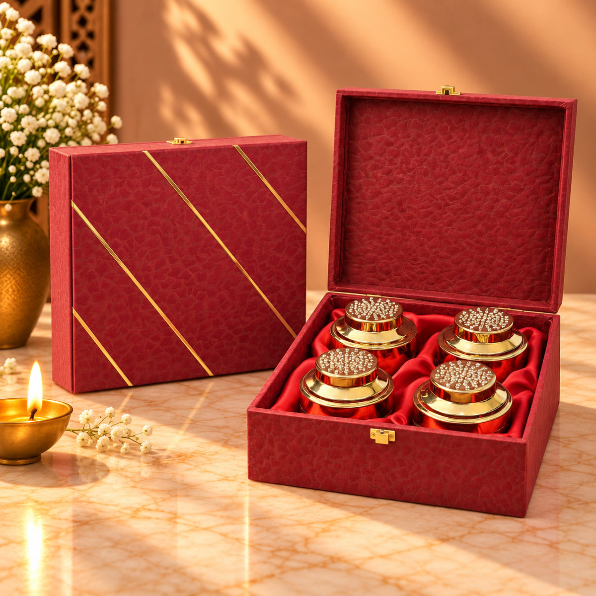 Open Royal Maroon and Gold Stripe 4-jar gift box for dry fruits, sweets, chocolates and festive gifting