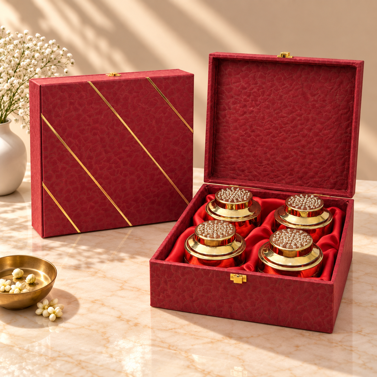 Premium Royal Maroon and Gold Stripe gift box for Diwali, wedding and corporate gifting