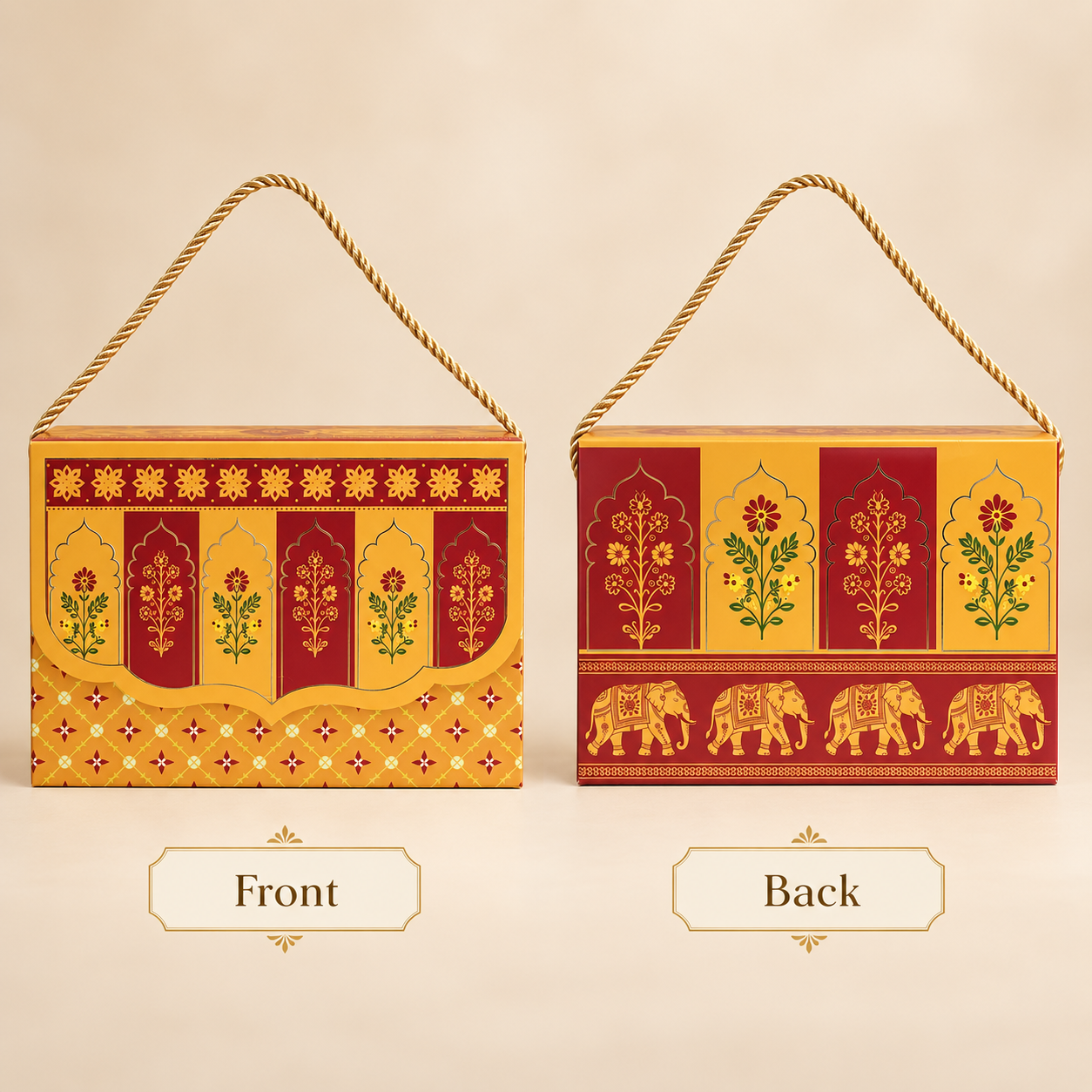 Royal Maroon & Mustard Printed Heavy Paper Hamper Box with Rope Handle – 9 x 6.5 x 3 Inch