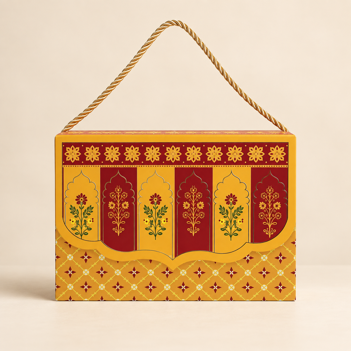 Royal Maroon & Mustard Printed Heavy Paper Hamper Box with Rope Handle – 9 x 6.5 x 3 Inch