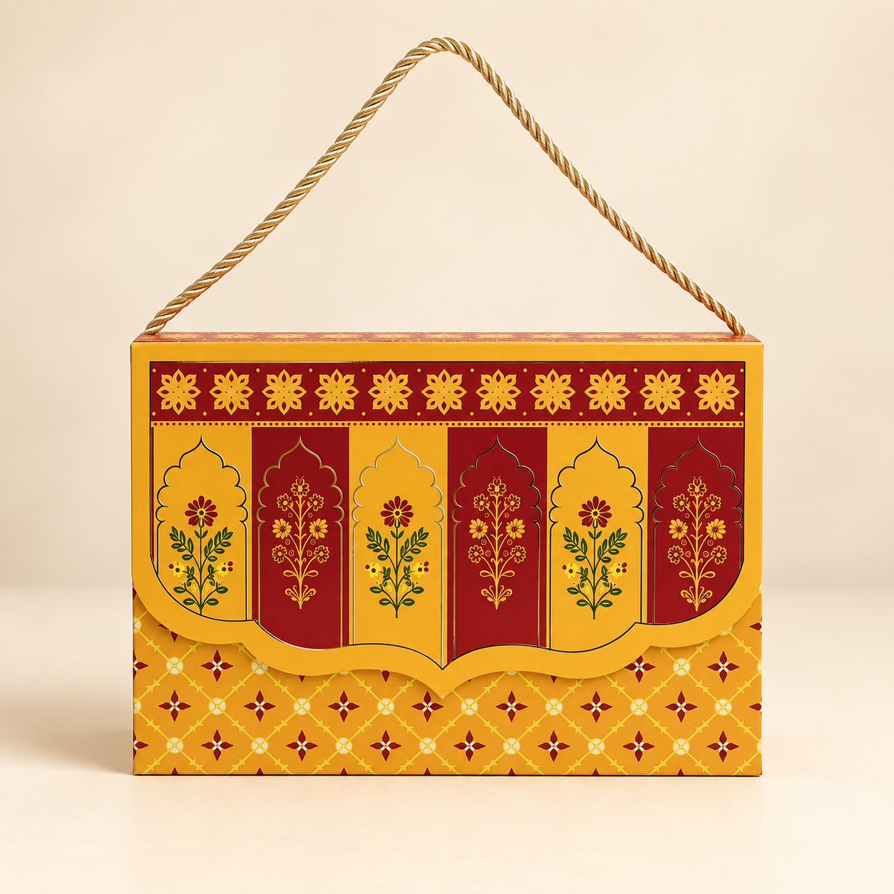 Royal Maroon & Mustard Printed Heavy Paper Hamper Box with Rope Handle – 9 x 6.5 x 3 Inch