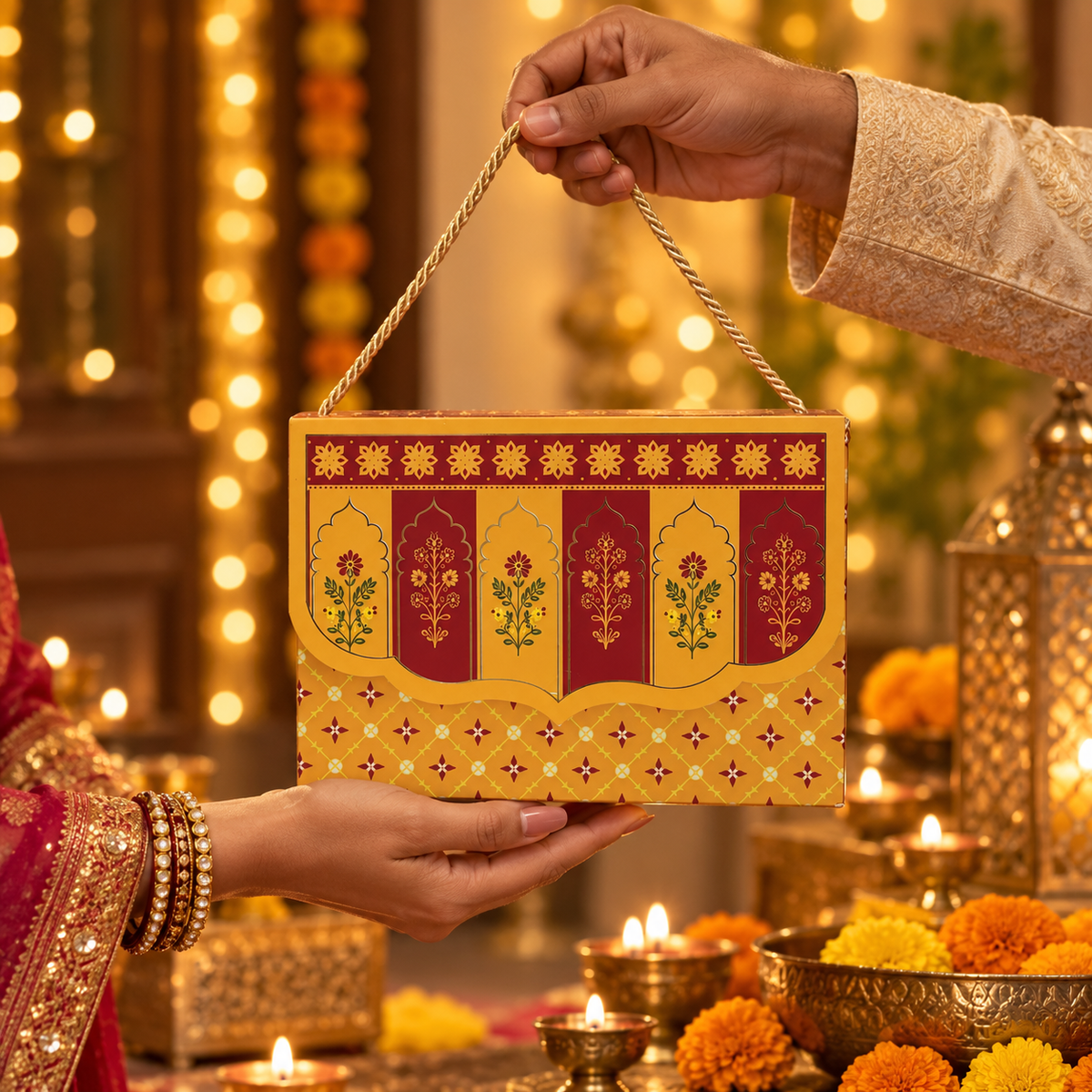 Royal Maroon & Mustard Printed Heavy Paper Hamper Box with Rope Handle – 9 x 6.5 x 3 Inch