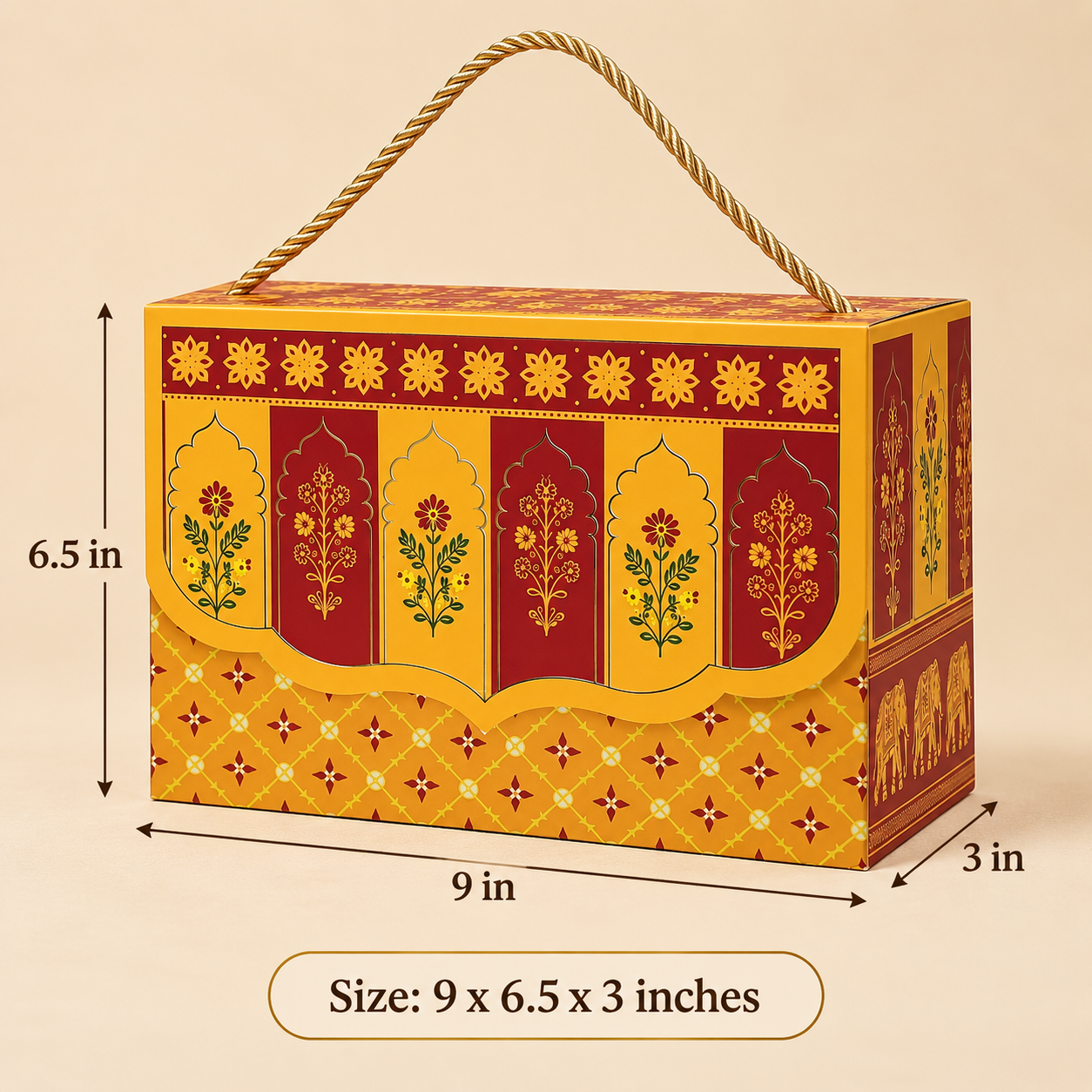 Royal Maroon & Mustard Printed Heavy Paper Hamper Box with Rope Handle – 9 x 6.5 x 3 Inch