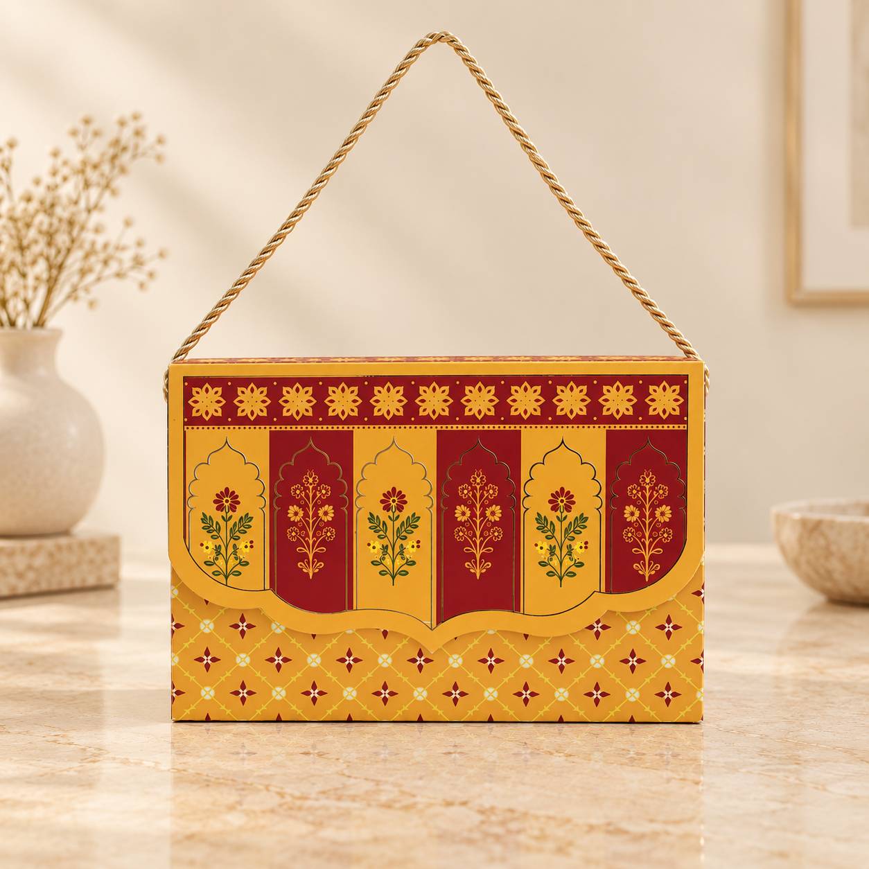 Royal Maroon & Mustard Printed Heavy Paper Hamper Box with Rope Handle – 9 x 6.5 x 3 Inch