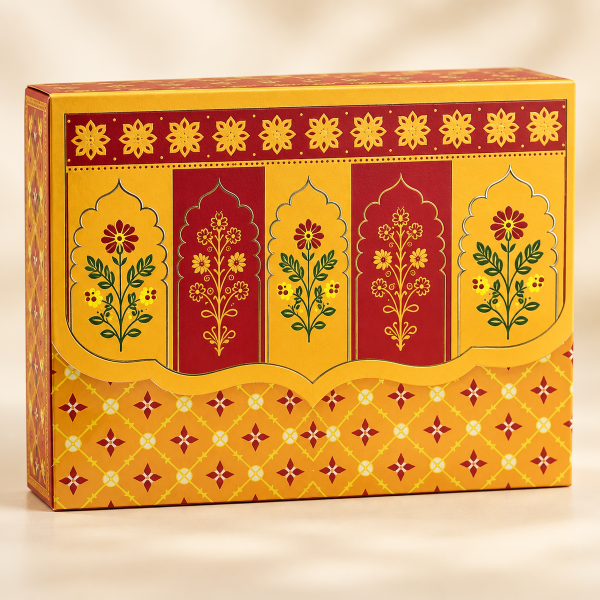 Royal Maroon & Mustard Printed Heavy Paper Hamper Box with Rope Handle – 9 x 6.5 x 3 Inch