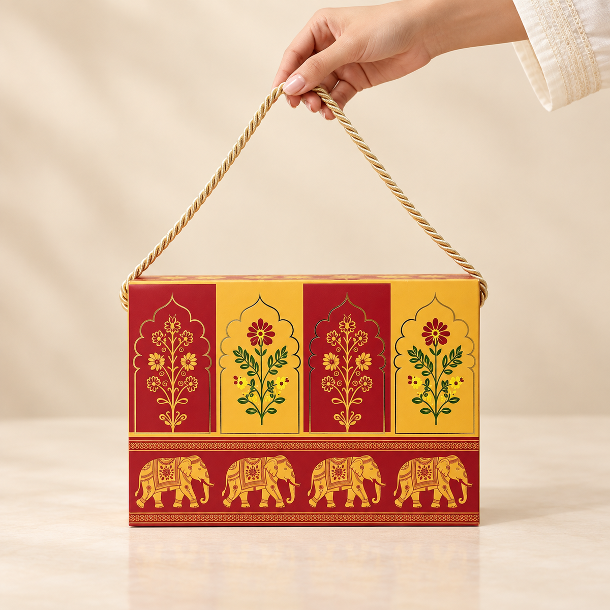 Royal Maroon & Mustard Printed Heavy Paper Hamper Box with Rope Handle – 9 x 6.5 x 3 Inch