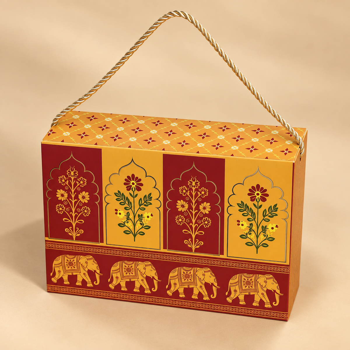 Royal Maroon & Mustard Printed Heavy Paper Hamper Box with Rope Handle – 9 x 6.5 x 3 Inch