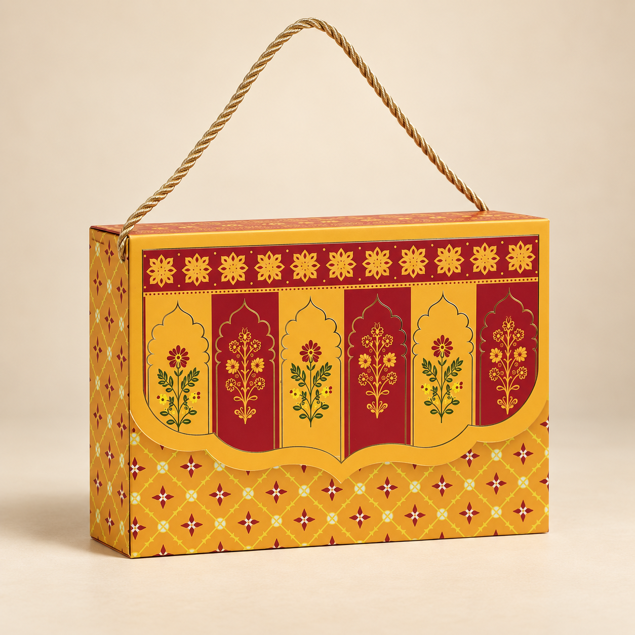 Royal Maroon & Mustard Printed Heavy Paper Hamper Box with Rope Handle – 9 x 6.5 x 3 Inch
