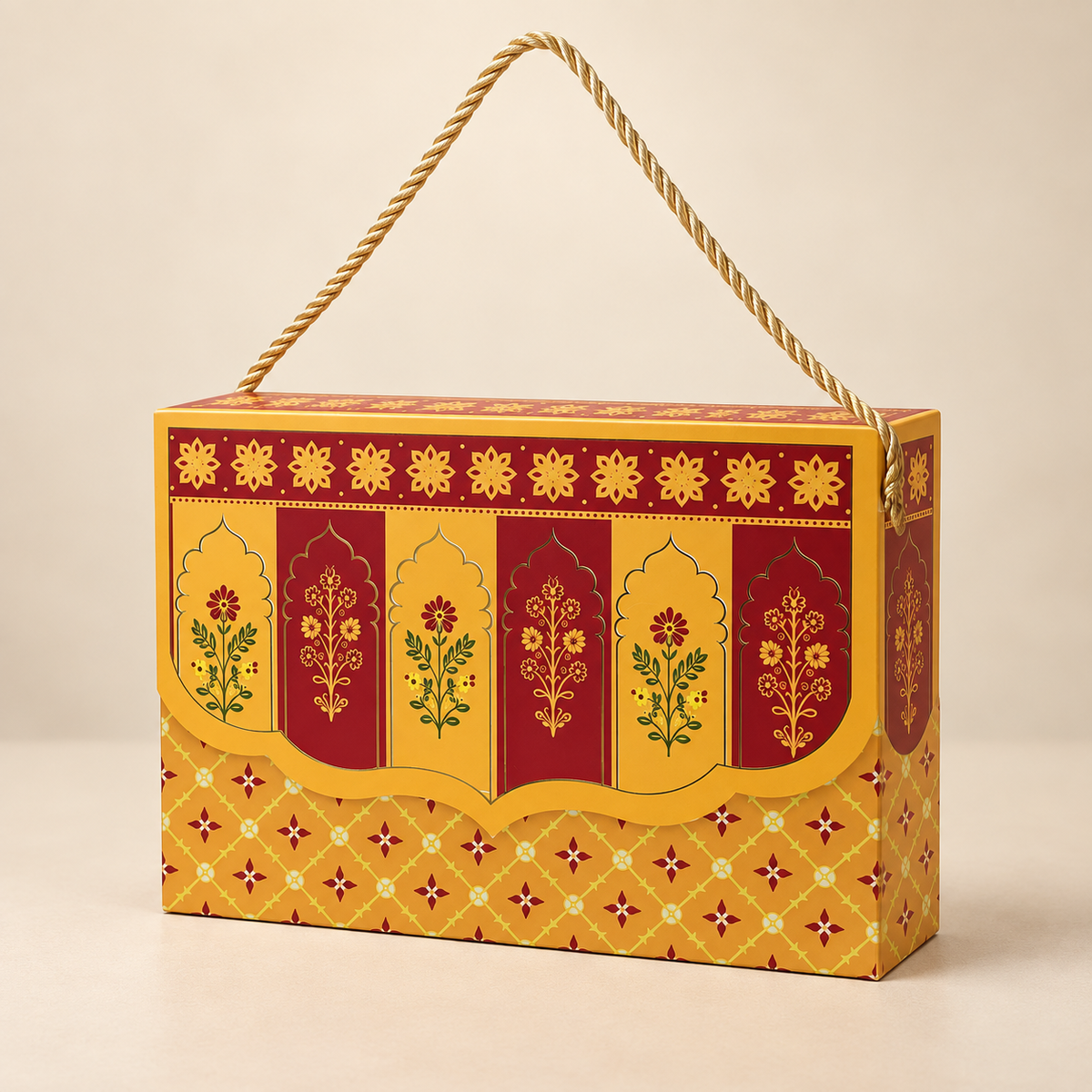 Royal Maroon & Mustard Printed Heavy Paper Hamper Box with Rope Handle – 9 x 6.5 x 3 Inch
