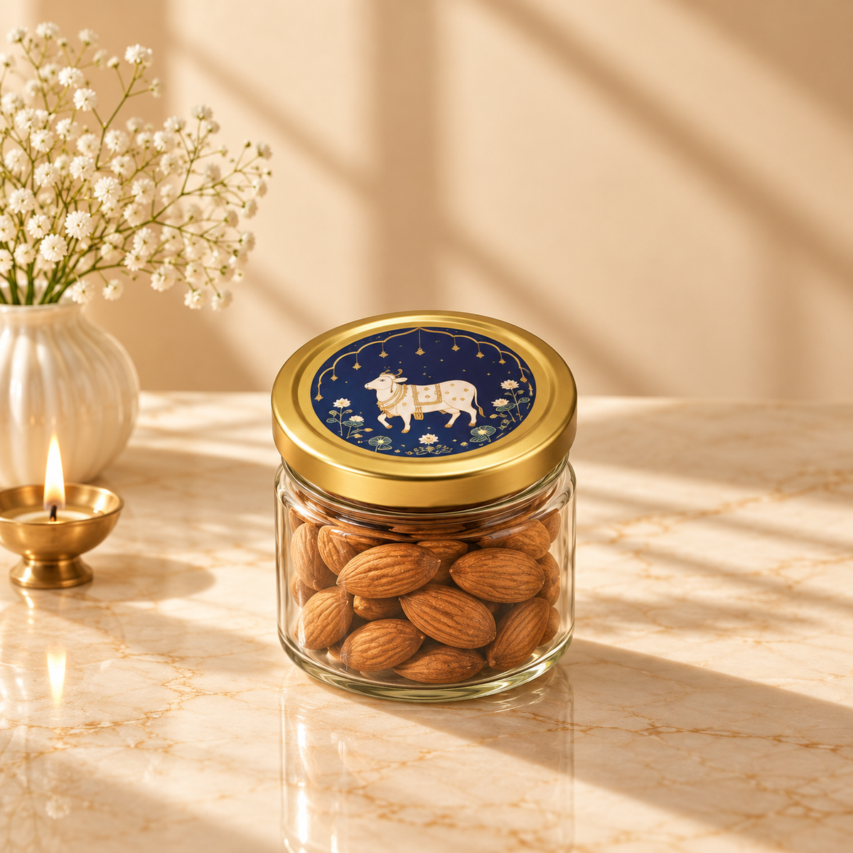 Royal Midnight Blue Pichwai Lotus and Cow 2-jar luxury festive gift hamper box without dry fruits