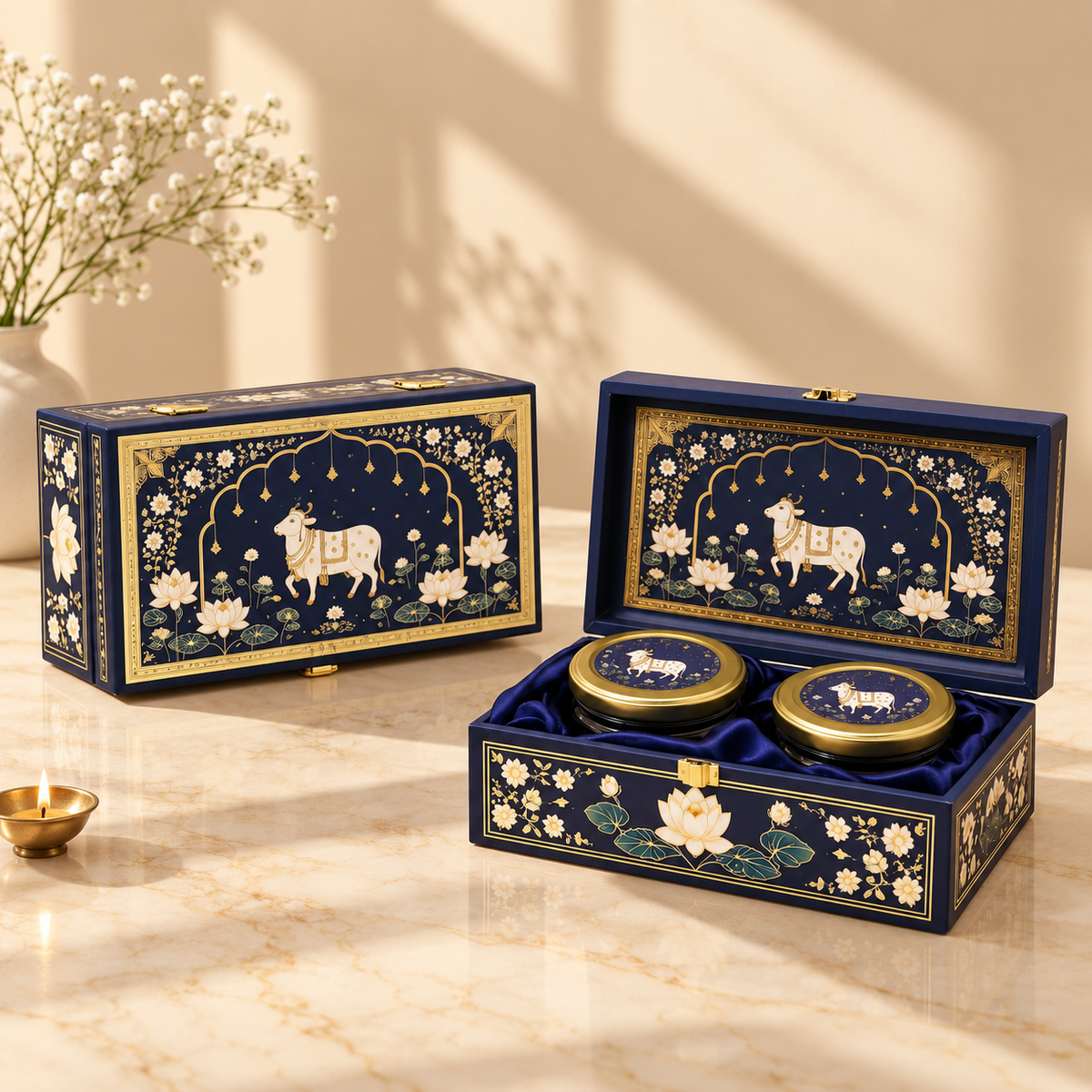 Open Royal Midnight Blue Pichwai Lotus and Cow gift box with two empty jars for customized festive gifting