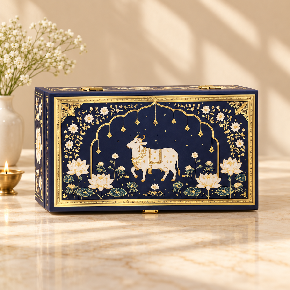 Closed Royal Midnight Blue Pichwai Lotus and Cow luxury gift box for Diwali, weddings and corporate gifting