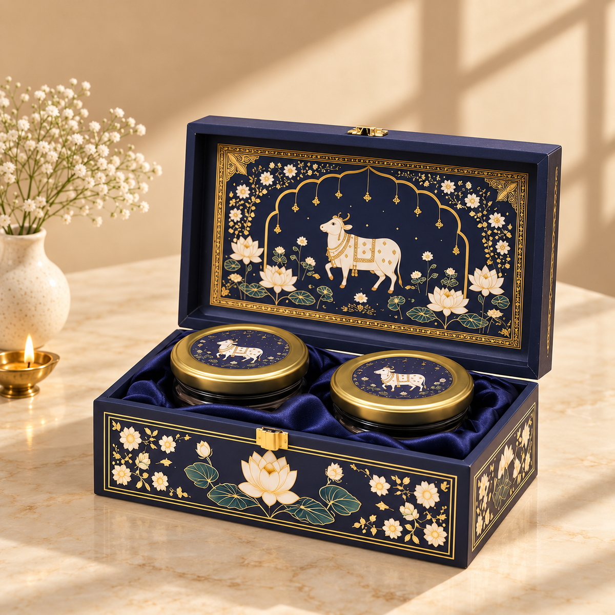Royal Midnight Blue Pichwai Lotus and Cow gift box with two empty jars for dry fruits, sweets, mukhwas or chocolates