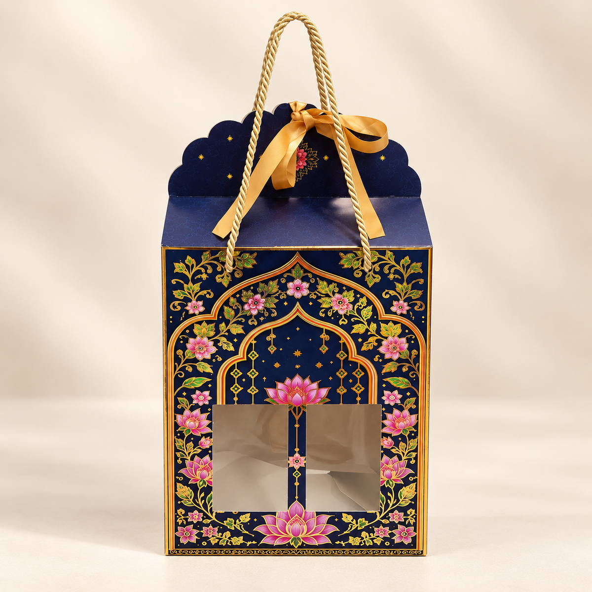 Royal Navy Lotus & Peacock Window Hamper Box with Rope Handle – 7 x 5 x 9 Inch