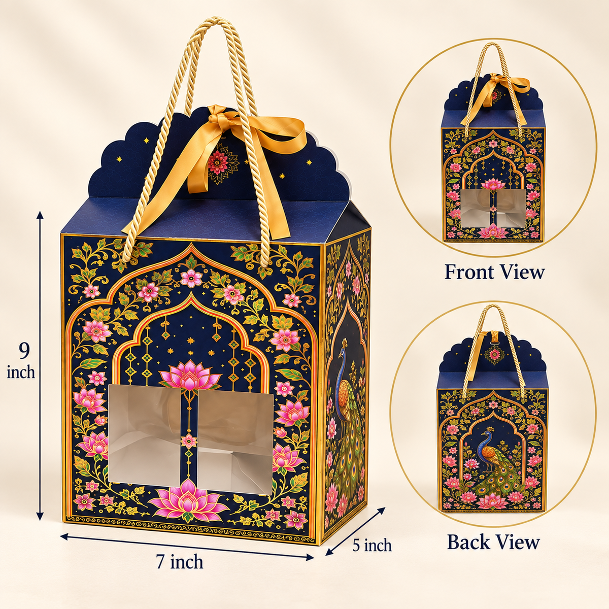 Royal Navy Lotus & Peacock Window Hamper Box with Rope Handle – 7 x 5 x 9 Inch