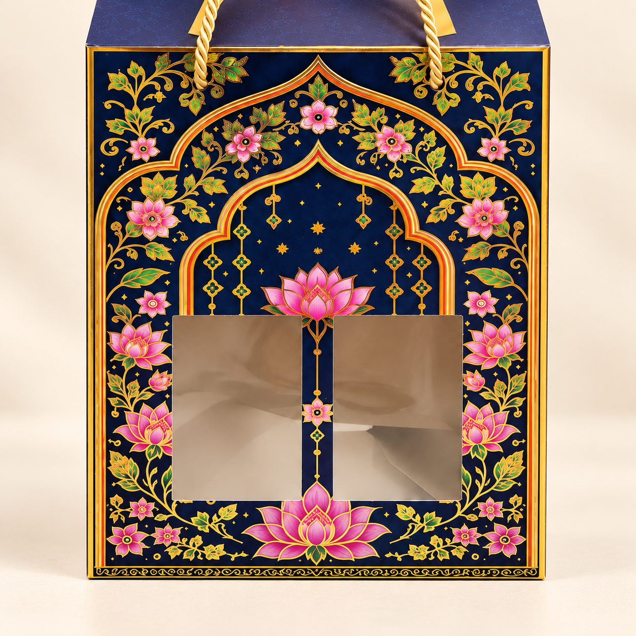 Royal Navy Lotus & Peacock Window Hamper Box with Rope Handle – 7 x 5 x 9 Inch