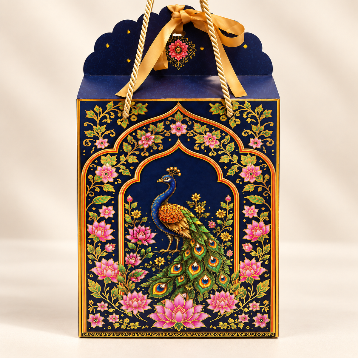 Royal Navy Lotus & Peacock Window Hamper Box with Rope Handle – 7 x 5 x 9 Inch
