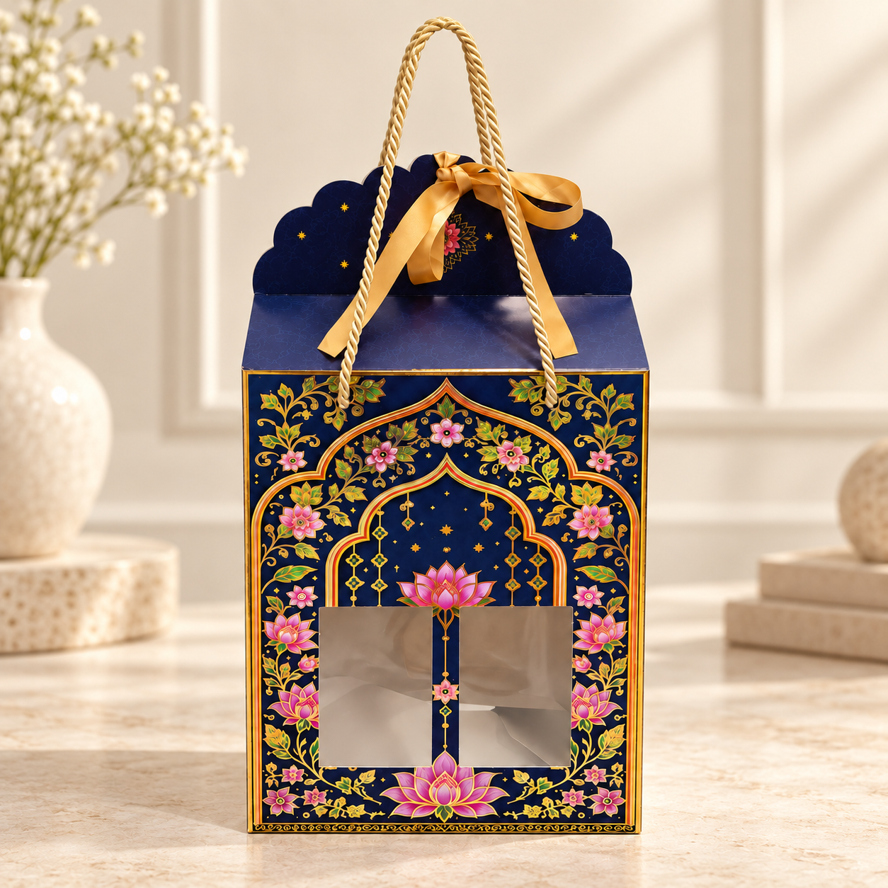 Royal Navy Lotus & Peacock Window Hamper Box with Rope Handle – 7 x 5 x 9 Inch