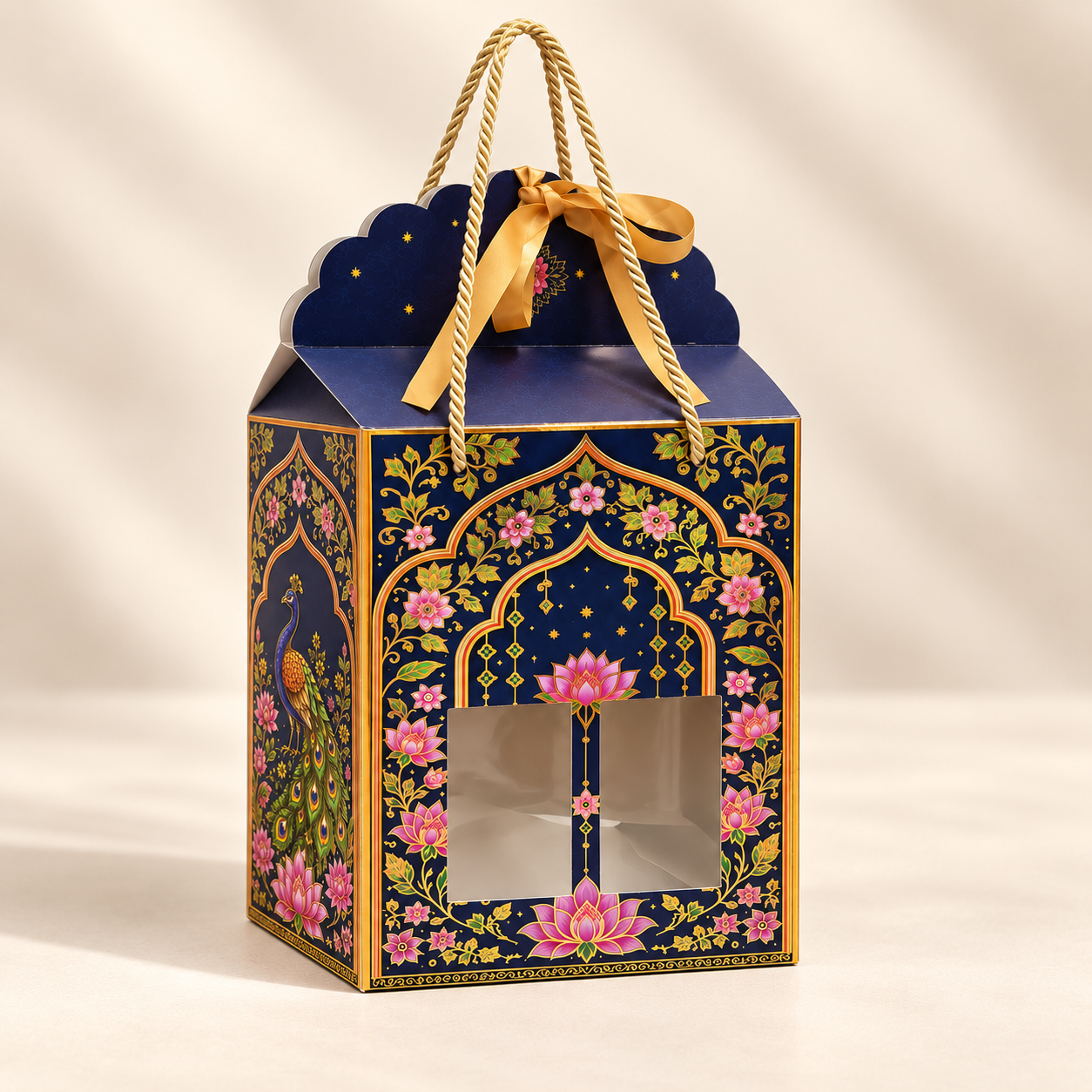 Royal Navy Lotus & Peacock Window Hamper Box with Rope Handle – 7 x 5 x 9 Inch