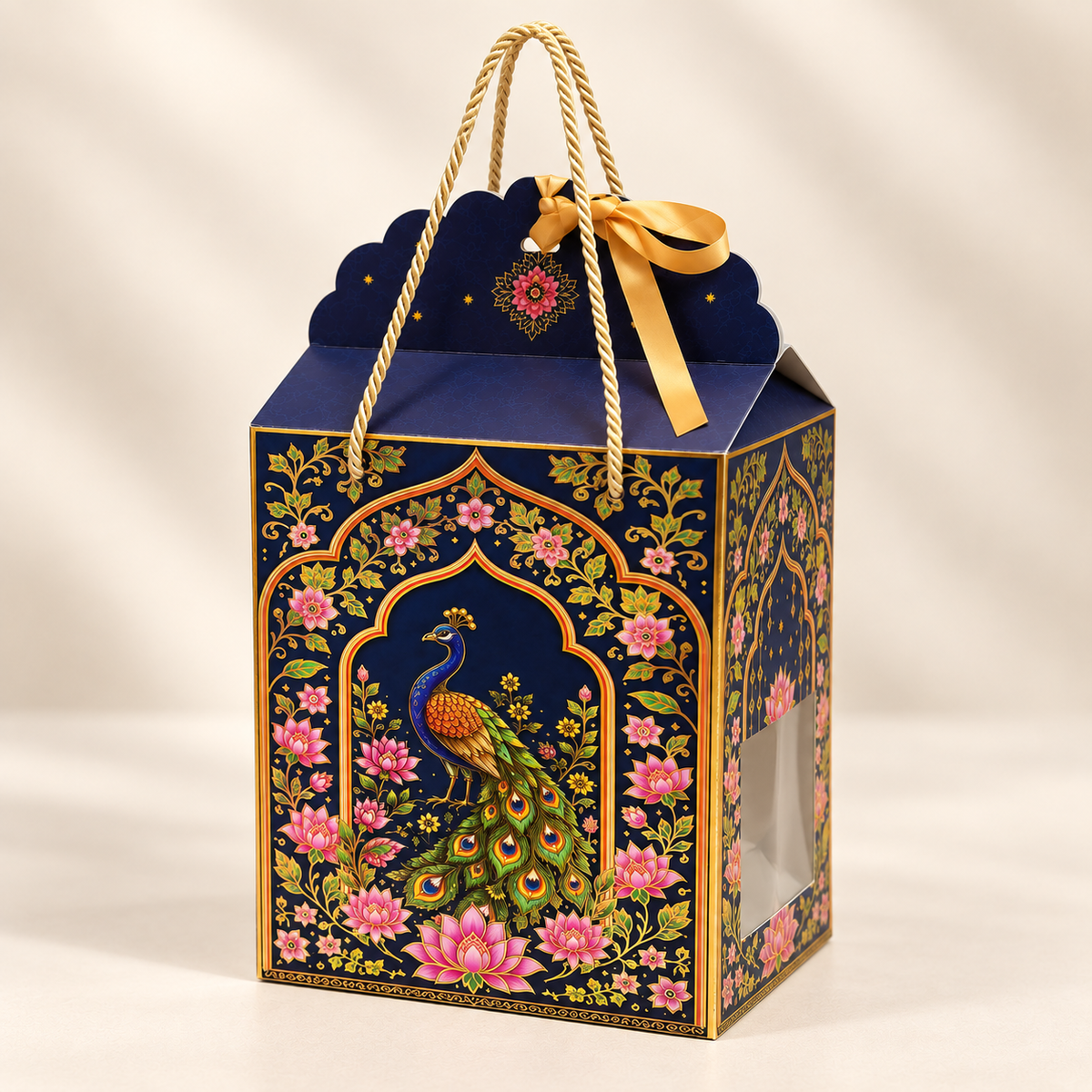 Royal Navy Lotus & Peacock Window Hamper Box with Rope Handle – 7 x 5 x 9 Inch