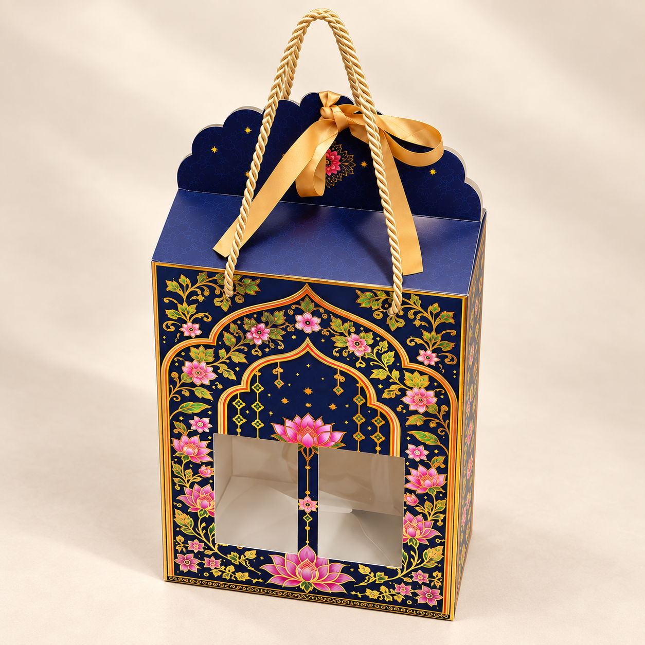Royal Navy Lotus & Peacock Window Hamper Box with Rope Handle – 7 x 5 x 9 Inch