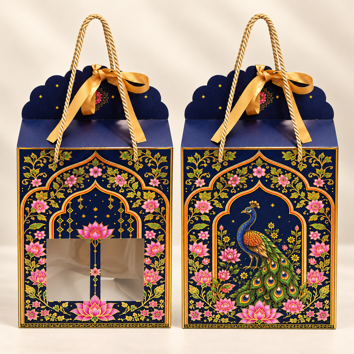 Royal Navy Lotus & Peacock Window Hamper Box with Rope Handle – 7 x 5 x 9 Inch