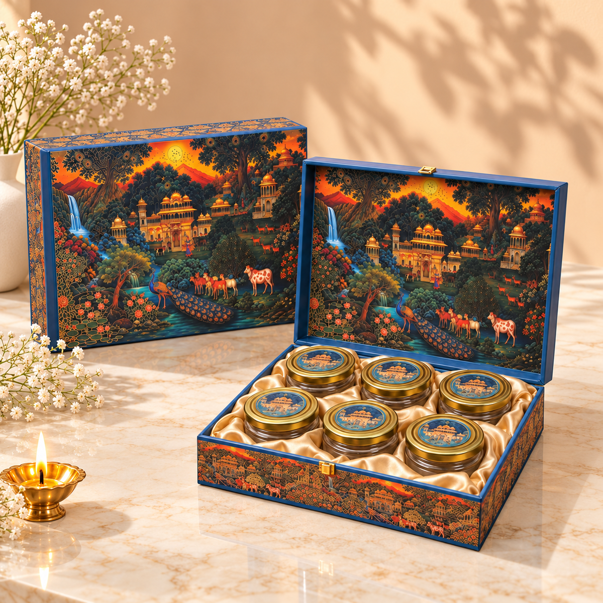 Open Royal Palace Landscape 6-jar gift box for dry fruits, sweets, chocolates and festive gifting