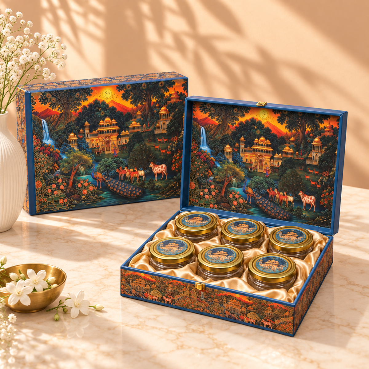 Royal Palace Landscape Theme luxury dry fruit gift box with six jars measuring 10 x 10 x 4 inches