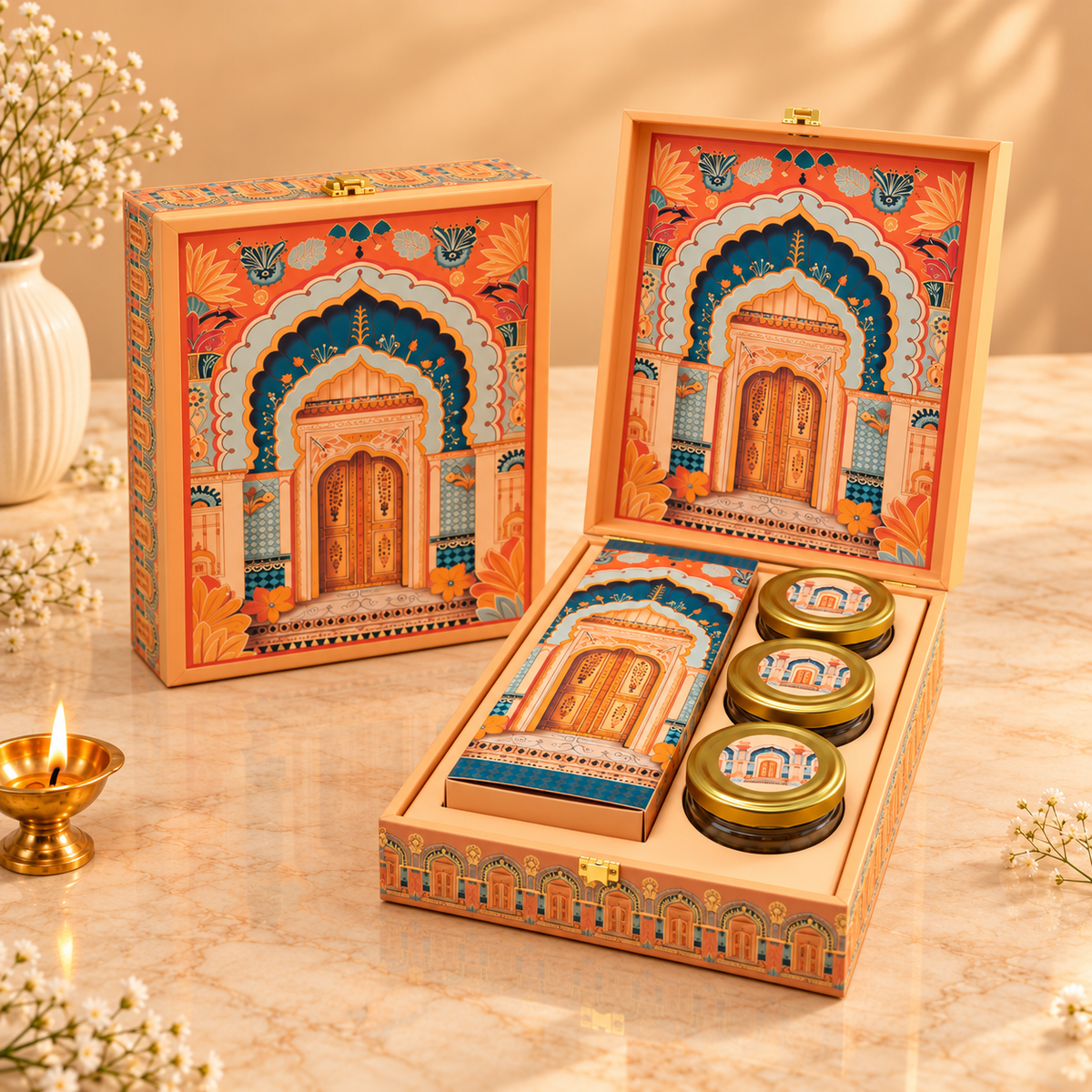 Royal Peach Archway 3-jar and box luxury festive hamper for Diwali, weddings and corporate gifting in India