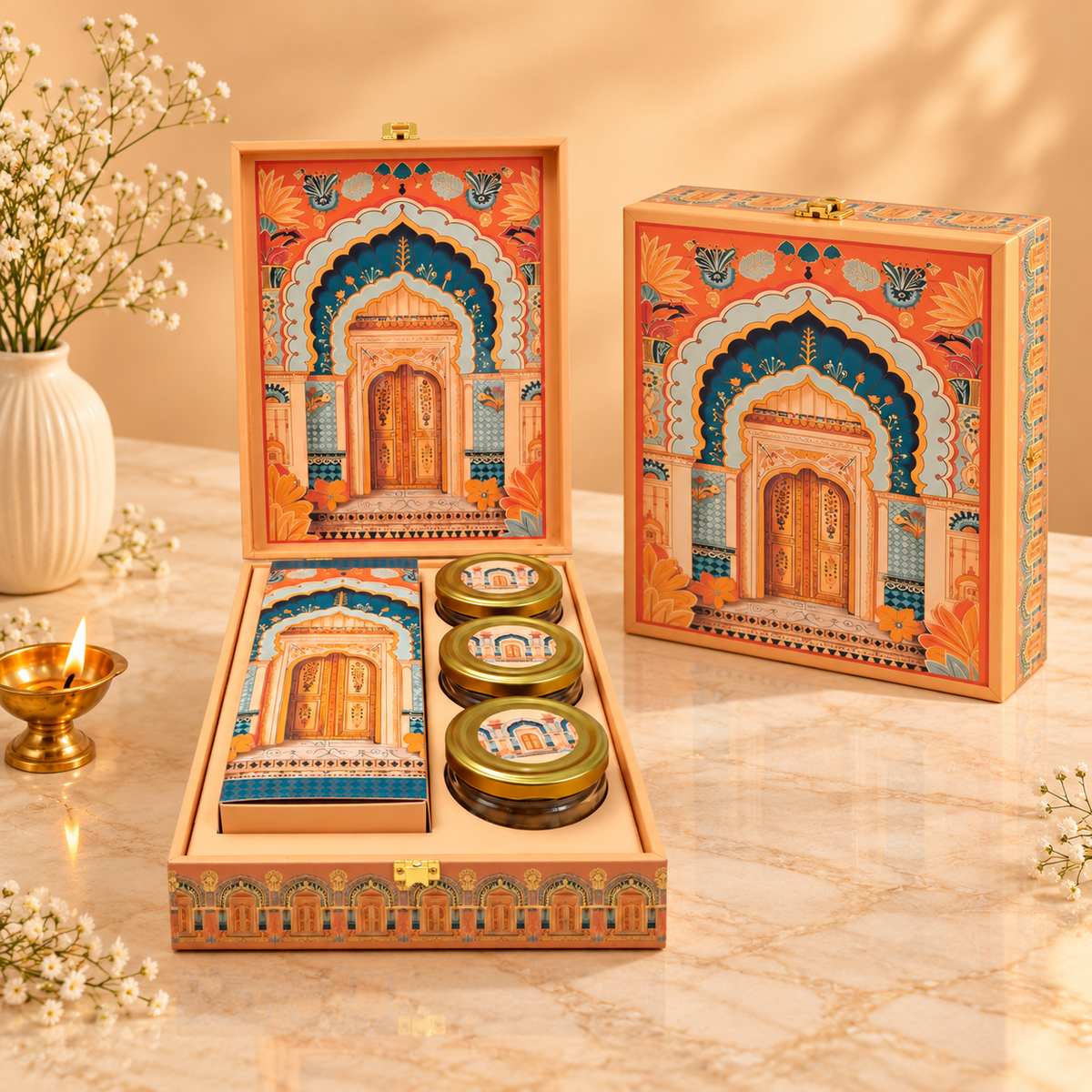 Royal Peach Archway hamper with three empty jars and box section for dry fruits, sweets and chocolates
