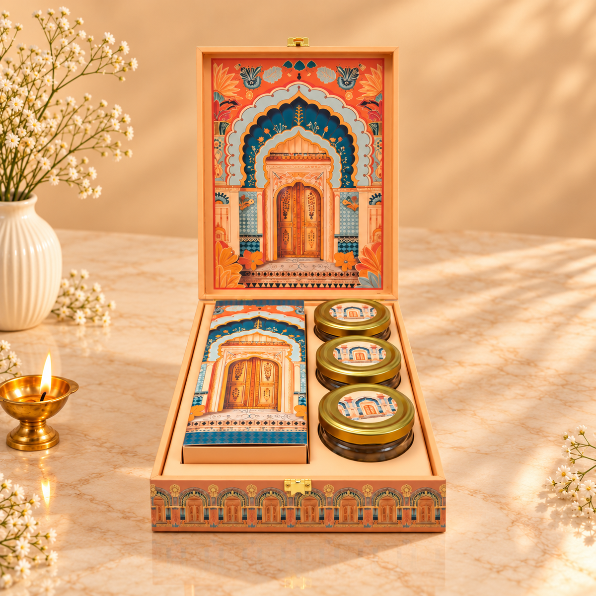 Closed Royal Peach Archway luxury festive hamper for Diwali, weddings and premium gifting