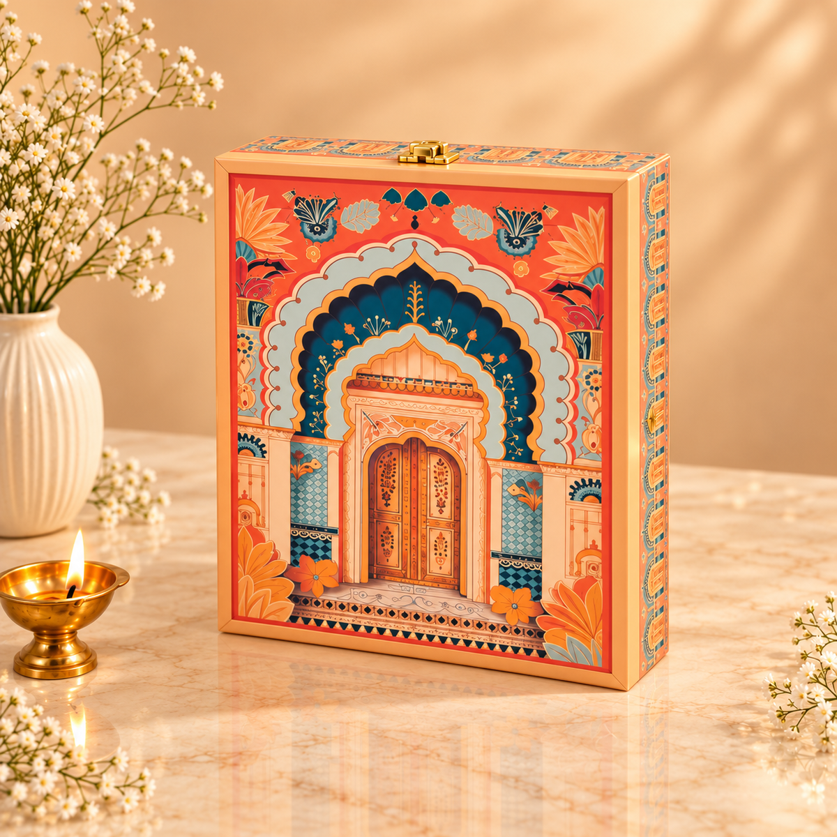 Open Royal Peach Archway hamper with three empty jars and additional coordinated gift box section