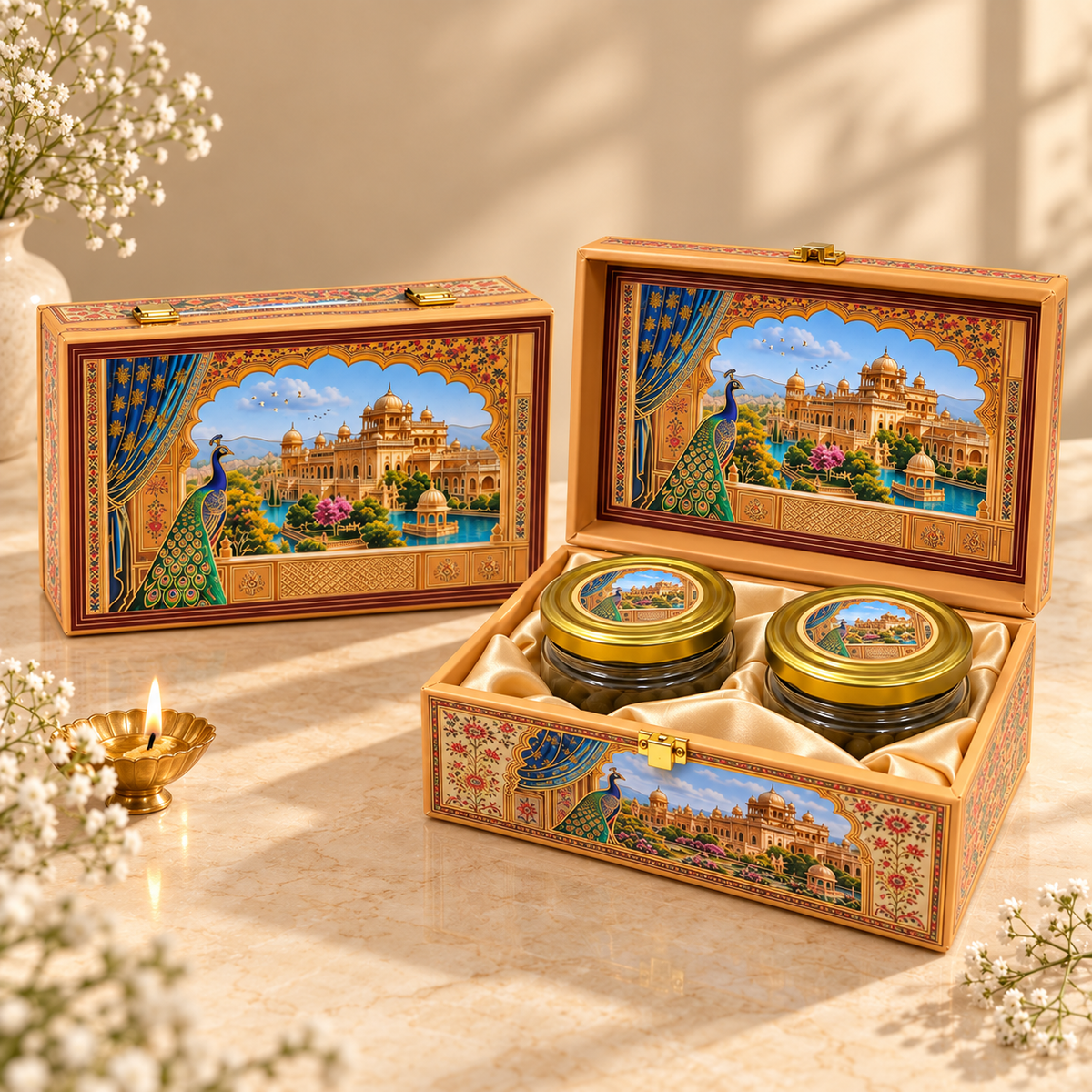 Closed Royal Peacock Palace Landscape luxury gift box for Diwali, weddings and corporate gifting