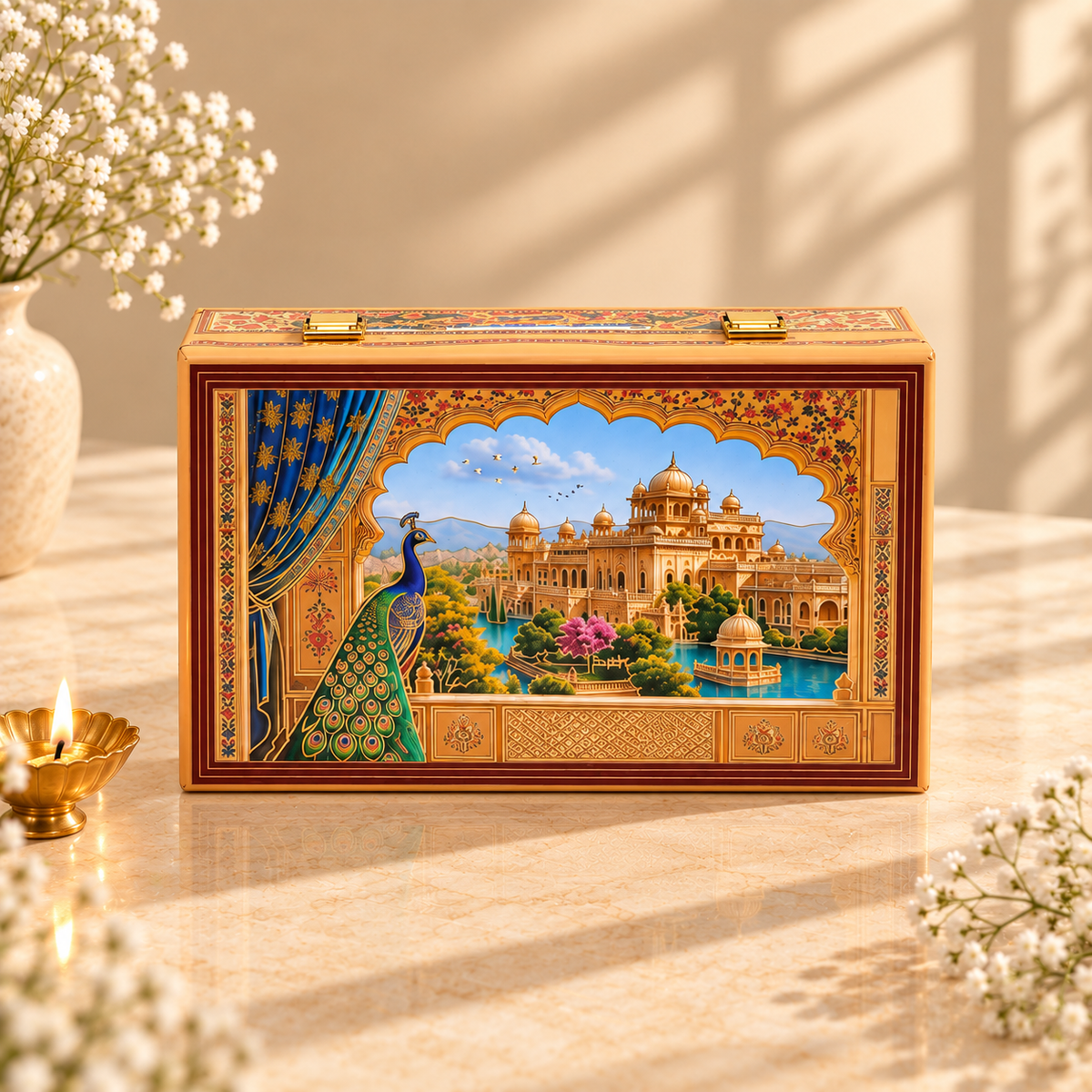 Open Royal Peacock Palace Landscape gift box with two empty jars for customized festive and wedding gifting