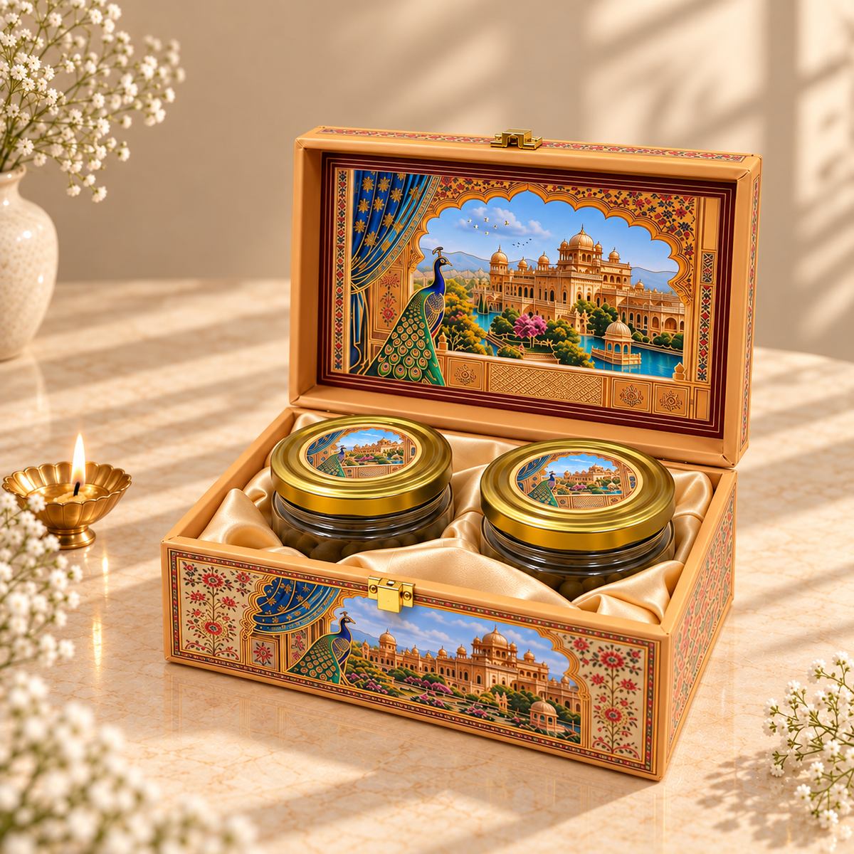 Royal Peacock Palace Landscape 2-jar luxury festive gift hamper box without dry fruits