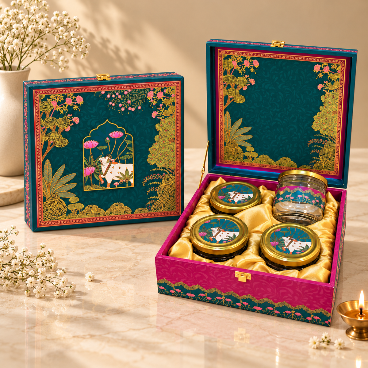 Premium Royal Pichwai Teal and Magenta gift box for Diwali, wedding and corporate gifting