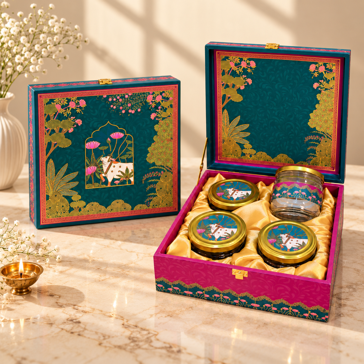 Royal Pichwai Teal and Magenta 4-jar luxury dry fruit gift box for Diwali, weddings and corporate gifting