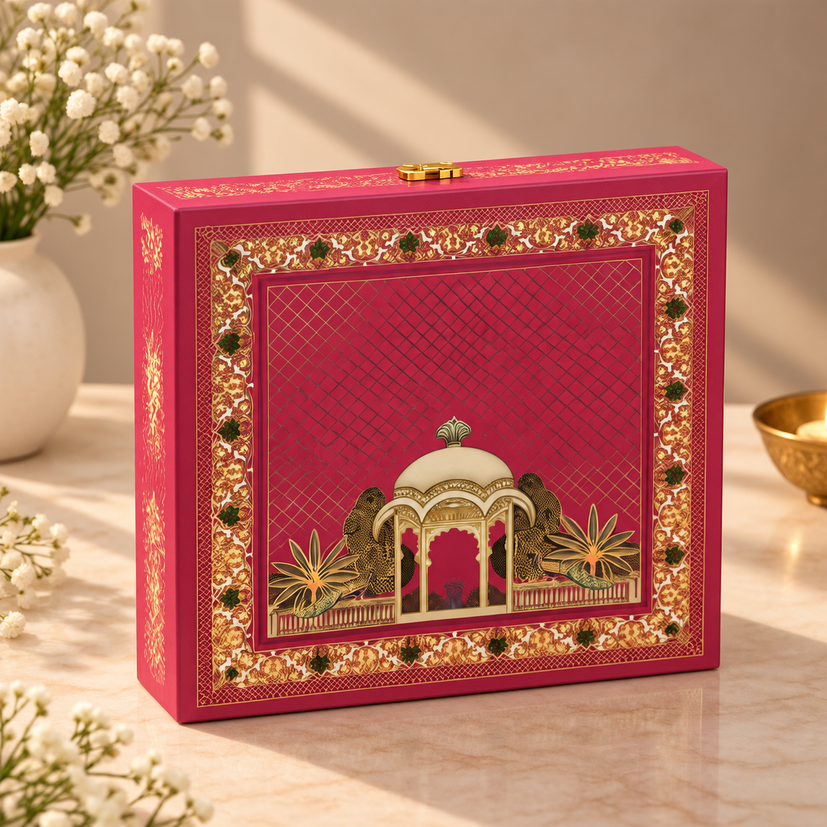 Royal Pink Palace and Gold Dome gift box with four jars for dry fruits, nuts, sweets, mukhwas and chocolates