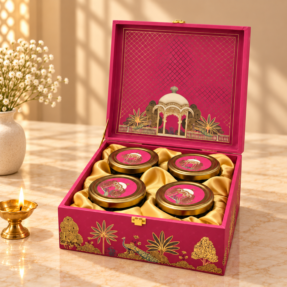 Royal Pink Palace and Gold Dome 4-jar gift box measuring 9.5 x 9.5 x 3.5 inches available in pack of 5
