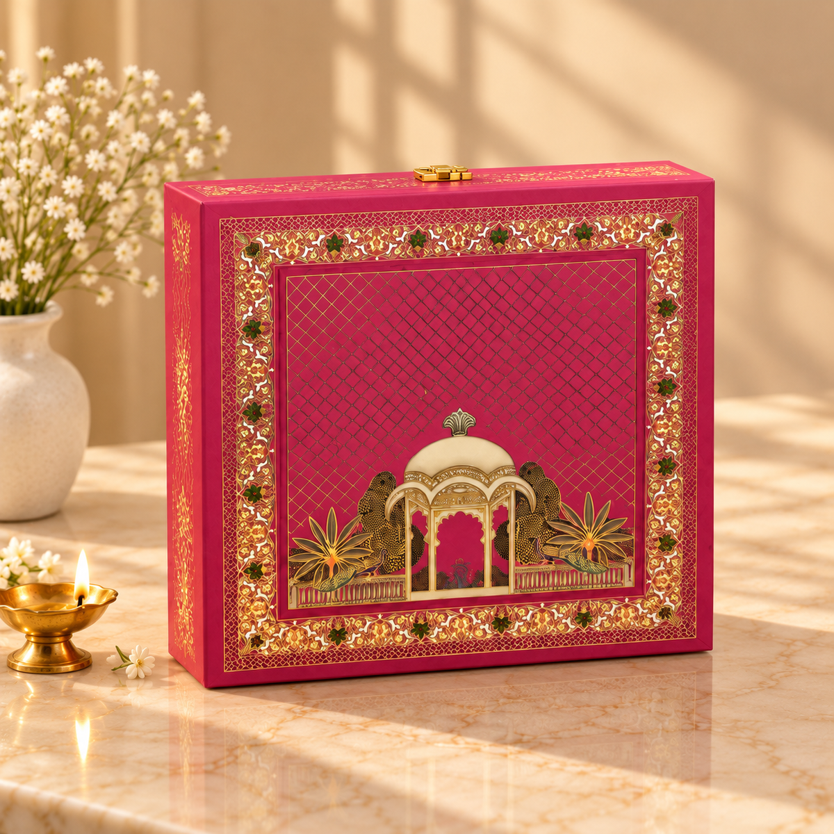 Royal Pink Palace and Gold Dome 4-jar luxury dry fruit gift box for Diwali, weddings and corporate gifting