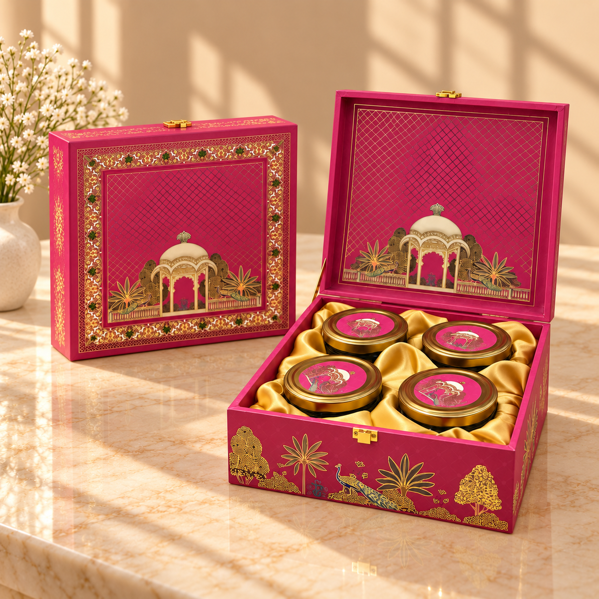 Open Royal Pink Palace and Gold Dome 4-jar gift box for dry fruits, sweets, chocolates and festive gifting